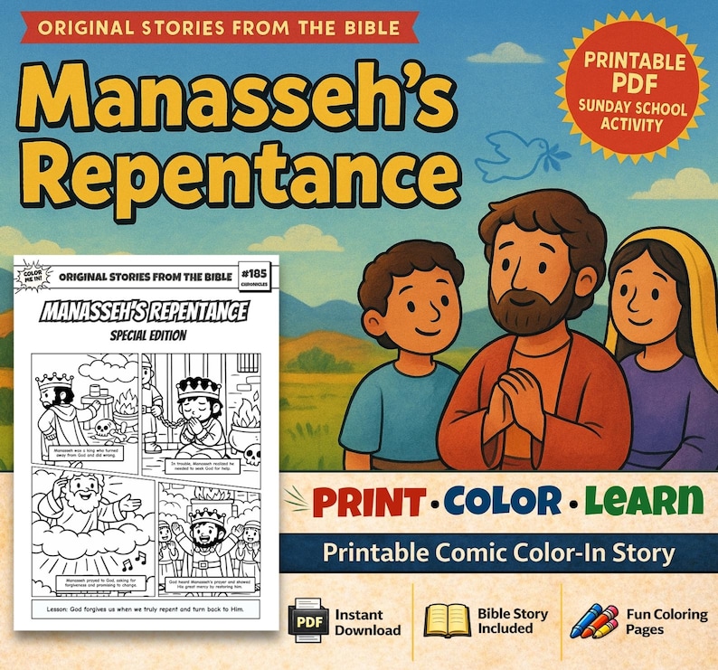 Manasseh’s Repentance Bible Comic Colouring Page: listing photo