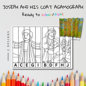 May include: A black and white agamograph colouring page with the text "JOSEPH AND HIS COAT AGAMOGRAPH Ready to colour/Paint". The image features two designs, one of a man with arms outstretched and another of two men embracing. The image includes a sample of a coloured agamograph.