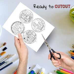 May include: A white sheet of paper with four circular black and white line art illustrations depicting biblical scenes, titled Josiah Finds the Book of the Law, with the text Ready to CUTOUT printed in black and red at the top of the page.