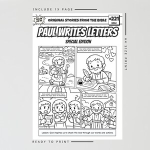 K&ouml;nnte beinhalten: Eine schwarz-wei&szlig;e A4-Malvorlage mit dem Titel Original Stories From The Bible #221 Paul Writes Letters Special Edition. Der Comic besteht aus vier Feldern, die Paul beim Reisen, Briefeschreiben, Diskutieren und Unterrichten zeigen.