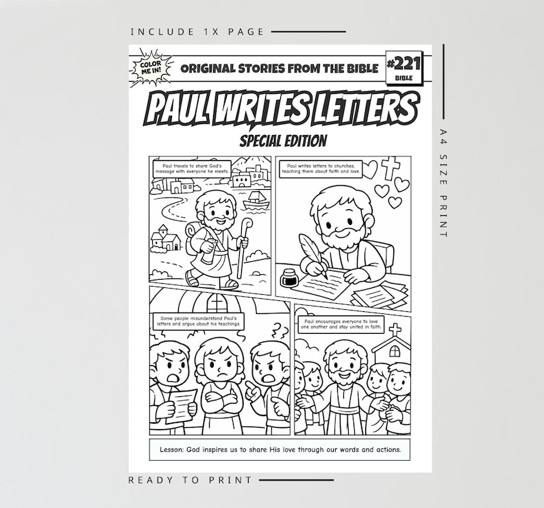 K&ouml;nnte beinhalten: Eine schwarz-wei&szlig;e A4-Malvorlage mit dem Titel Original Stories From The Bible #221 Paul Writes Letters Special Edition. Der Comic besteht aus vier Feldern, die Paul beim Reisen, Briefeschreiben, Diskutieren und Unterrichten zeigen.