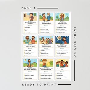 May include: A4 size print with colorful illustrations and text. The page is labeled "PAGE 1" and includes various questions and answers with cartoon characters. The text "READY TO PRINT" is at the bottom.