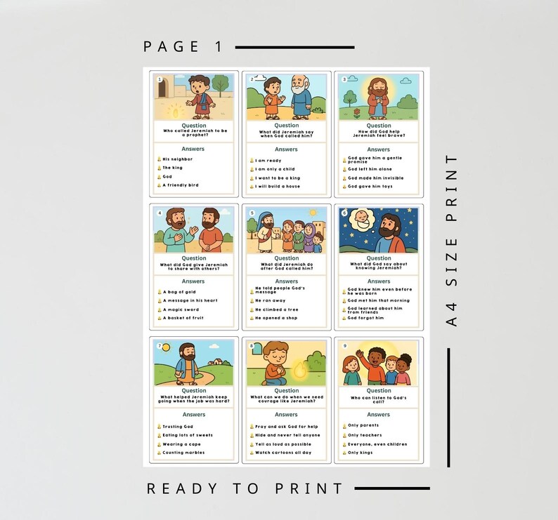 May include: A4 size print with colorful illustrations and text. The page is labeled "PAGE 1" and includes various questions and answers with cartoon characters. The text "READY TO PRINT" is at the bottom.