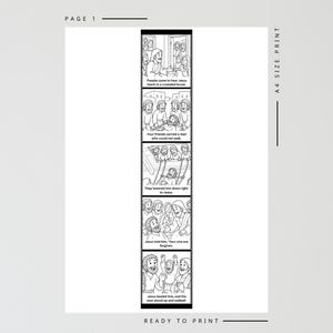 May include: Black and white illustrated story panels with text. The panels depict scenes from a biblical story, including Jesus teaching, a man being carried, and healing. The text includes phrases like "People came to hear Jesus" and "Your sins are forgiven."