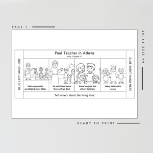 May include: Black and white illustration of a Bible story, "Paul Teaches in Athens." The image is divided into panels with text and drawings. The text includes "Paul saw people worshipping many idols" and "Tell others about the living God."