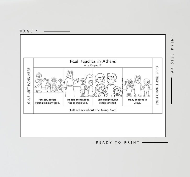 May include: Black and white illustration of a Bible story, "Paul Teaches in Athens." The image is divided into panels with text and drawings. The text includes "Paul saw people worshipping many idols" and "Tell others about the living God."