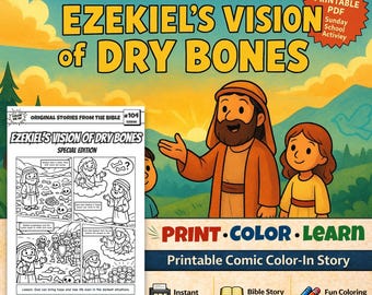 La visione di Ezechiele delle ossa secche - Pagina da colorare con fumetto biblico in formato A4 / Lavoretto per la scuola domenicale / Attività per bambini in chiesa / Ezechiele 37