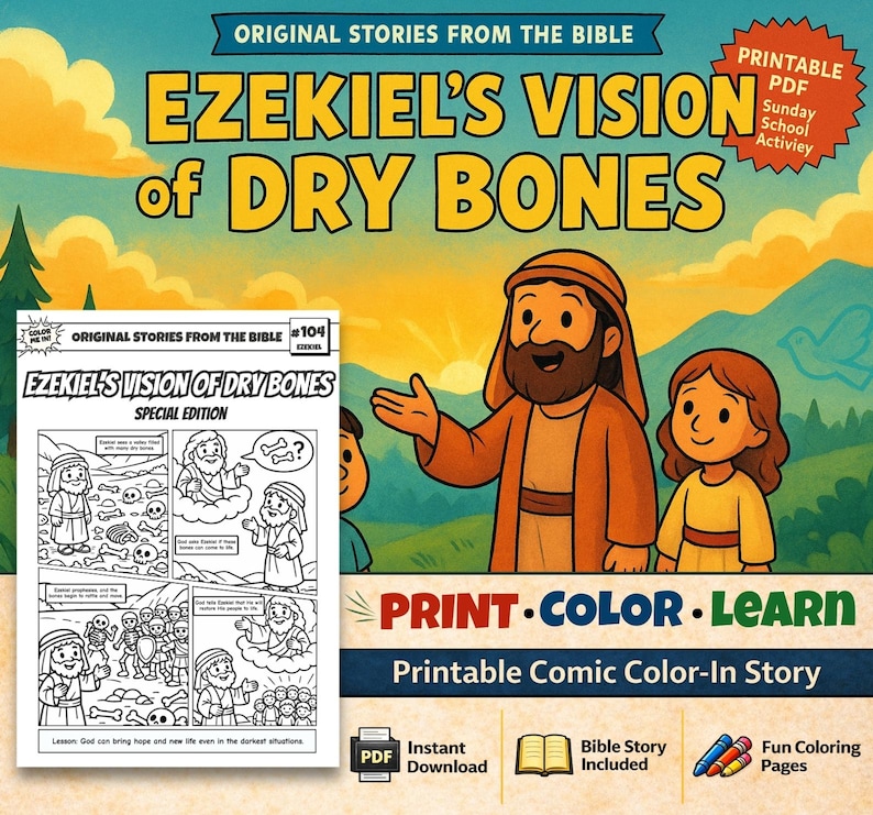 Ezekiel’s Vision of Dry Bones Bible Comic Colouring Page for Kids: listing photo