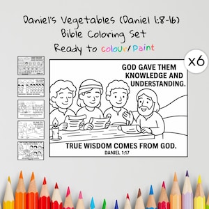 May include: A Bible coloring set titled "Daniel's Vegetables" with the text "Ready to colour/Paint." The image features black and white illustrations of Bible scenes and text, including "God Gave Them Knowledge and Understanding."