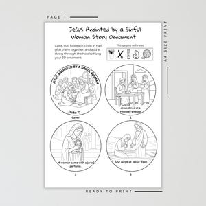 K&ouml;nnte beinhalten: Eine druckfertige A4-Seite mit einer Schwarz-Wei&szlig;-Illustration mit dem Titel "Jesus Anointed by a Sinful Woman Story Ornament". Die Seite enth&auml;lt vier kreisf&ouml;rmige Illustrationen, die Szenen aus der Geschichte darstellen, sowie Anweisungen und ben&ouml;tigte Materialien.