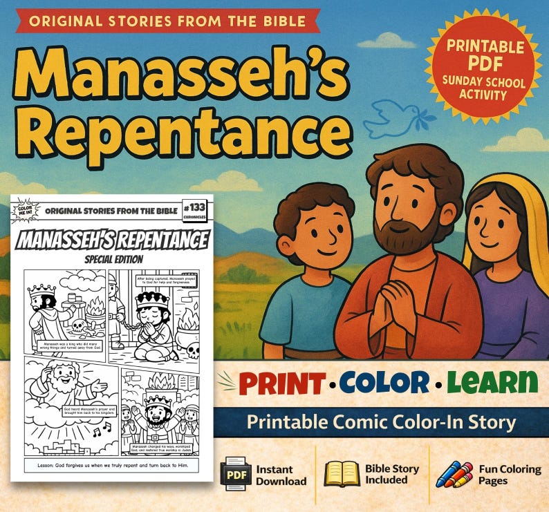 Manasseh’s Repentance Bible Comic Colouring Page: listing photo