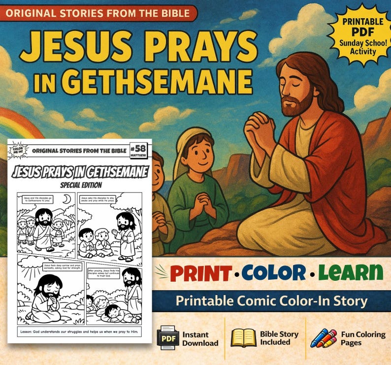 Jesus Prays in Gethsemane Bible Comic Colouring Page: listing photo