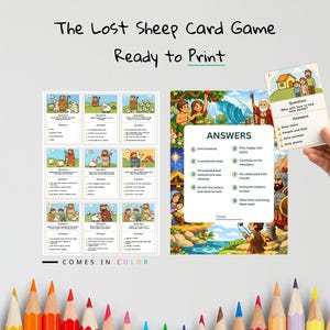 May include: The Lost Sheep Card Game, ready to print. The image shows colorful illustrations of a card game with questions and answers. The game includes cards with images and text, and the words "COMES IN COLOR" are visible.