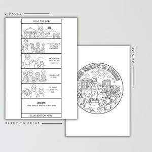 K&ouml;nnte beinhalten: Zweiseitiges, druckfertiges Malbuch mit dem Text "Paulus lehrt in Athen". Die erste Seite hat einen Comic mit Text und Illustrationen. Die zweite Seite hat eine kreisf&ouml;rmige Illustration von Paulus, der lehrt.