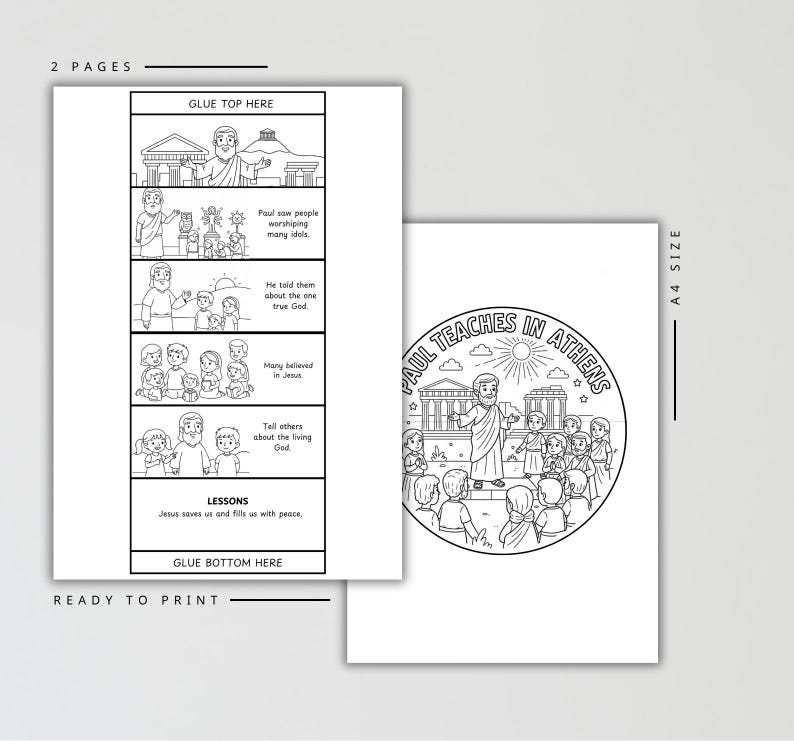 K&ouml;nnte beinhalten: Zweiseitiges, druckfertiges Malbuch mit dem Text "Paulus lehrt in Athen". Die erste Seite hat einen Comic mit Text und Illustrationen. Die zweite Seite hat eine kreisf&ouml;rmige Illustration von Paulus, der lehrt.
