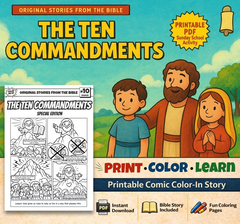 Ten Commandments Bible Comic Colouring Page: listing photo