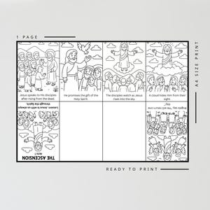 May include: Black and white line art print depicting scenes from the Bible, including Jesus speaking to disciples, the Holy Spirit, and the ascension. The text includes "The Ascension" and "Ready to Print."