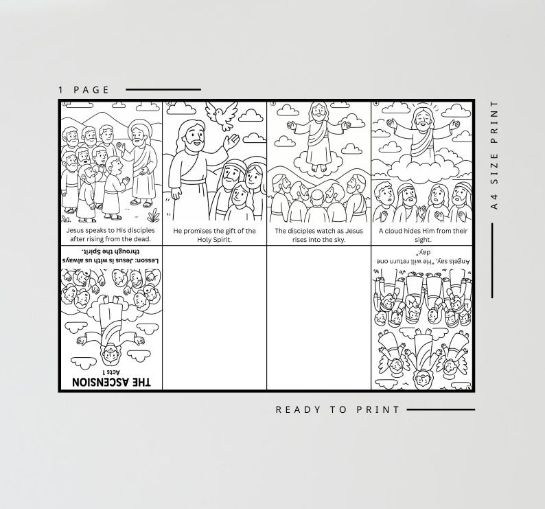 May include: Black and white line art print depicting scenes from the Bible, including Jesus speaking to disciples, the Holy Spirit, and the ascension. The text includes "The Ascension" and "Ready to Print."