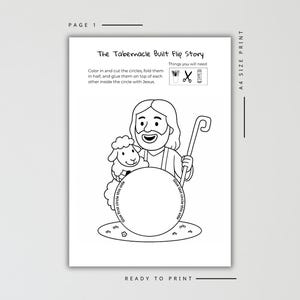 Może przedstawiać: Czarno-biały arkusz do wydruku zatytułowany "The Tabernacle Built Flip Story". Ilustracja przedstawia kresk&oacute;wkę Jezusa z owcą, trzymającego laskę. Zawiera r&oacute;wnież instrukcje i wymagane materiały.