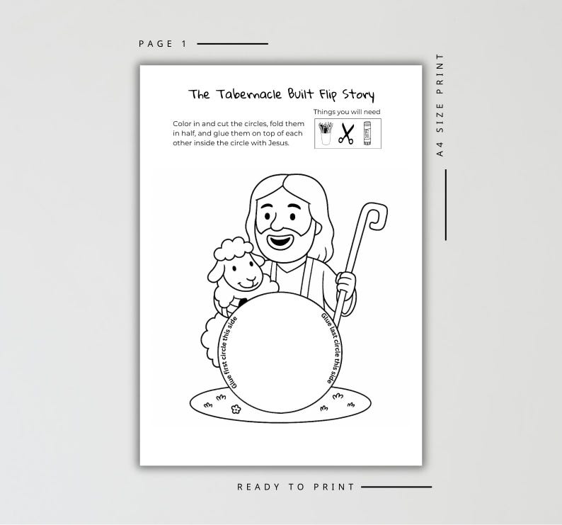 Może przedstawiać: Czarno-biały arkusz do wydruku zatytułowany "The Tabernacle Built Flip Story". Ilustracja przedstawia kresk&oacute;wkę Jezusa z owcą, trzymającego laskę. Zawiera r&oacute;wnież instrukcje i wymagane materiały.