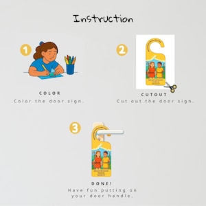 May include: Illustrated instructions for a door sign craft. The steps include coloring, cutting, and hanging the sign. The sign features a yellow background with two figures and the text "And Abel and Cain became Shepherds Genesis 4:2".
