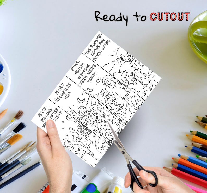Op de afbeelding: Een zwart-wit ge&iuml;llustreerde uitknipactiviteit met de tekst "Ready to CUTOUT". De afbeelding toont een religieuze sc&egrave;ne met tekstlabels zoals "Petrus volgt Jezus na arrestatie" en "De haan kraait en Petrus huilt". Een schaar knipt het papier.