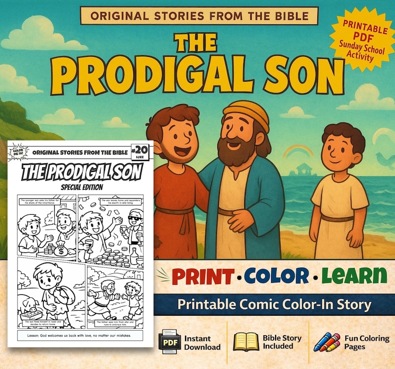 The Prodigal Son Bible Comic Colouring Page: listing photo