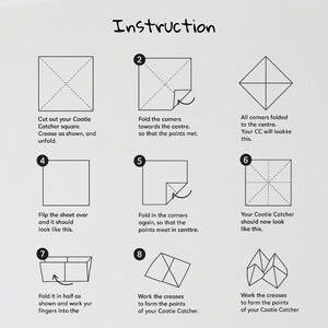 May include: A step-by-step instructional diagram for creating a Cootie Catcher, also known as a fortune teller. The image shows eight numbered steps with illustrations and text instructions on a light background. The word "Instruction" is at the top.