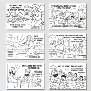 May include: Six black and white coloring pages with Bible verses and illustrations. The images depict scenes of rebuilding, prayer, and community, with text from the book of Nehemiah. The illustrations include people, buildings, and symbolic elements.