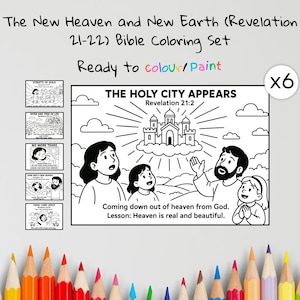 Puede incluir: Un juego de colorear b&iacute;blico titulado "El Nuevo Cielo y la Nueva Tierra (Apocalipsis 21-22)". El juego incluye una p&aacute;gina principal para colorear con el texto "Aparece la Ciudad Santa" y varias p&aacute;ginas m&aacute;s peque&ntilde;as. Listo para colorear o pintar.