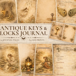 May include: A collection of antique-style journal pages with illustrations of keys, locks, and fairy-tale scenes. The pages are aged with a vintage aesthetic, featuring text that reads "ANTIQUE KEYS & LOCKS JOURNAL" and "14 JOURNAL PAGES A4-SIZE PRINTS".