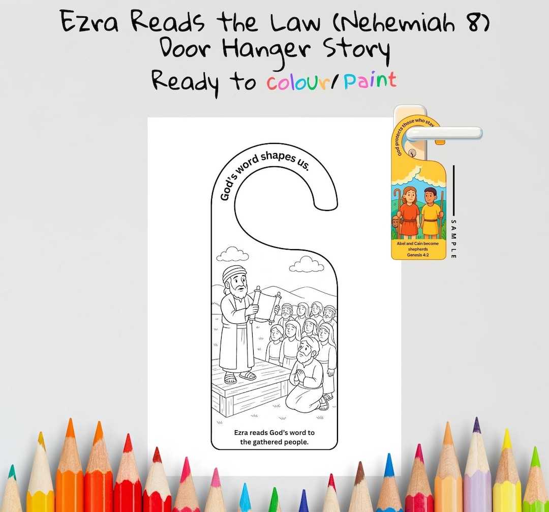 Ezra Reads the Law Kids Bible Craft Door Hanger | Nehemiah 8 Coloring ...