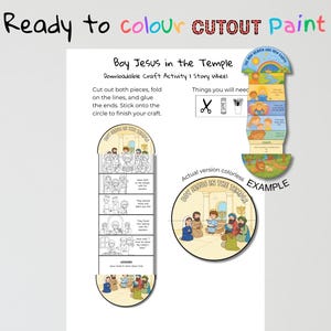 May include: A downloadable craft activity titled "Boy Jesus in the Temple." The image shows a story wheel with instructions to cut, fold, and glue the pieces. The wheel features illustrations and text, with an example of the finished, colored version.