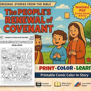 Puede incluir: Ilustración colorida para una actividad de escuela dominical. La imagen presenta el texto "The People's Renewal of Covenant" y "Print Color Learn". Incluye figuras de dibujos animados y una página de cómic con el texto "Original Stories From The Bible".