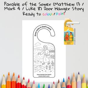 K&ouml;nnte beinhalten: Ein wei&szlig;er T&uuml;rh&auml;nger mit einer Schwarz-Wei&szlig;-Illustration einer biblischen Szene, die einen Mann beim S&auml;en von Samen zeigt. Der Text enth&auml;lt "Gleichnis vom S&auml;mann" und "Ready to colour/paint". Ein kleiner, farbiger Muster-T&uuml;rh&auml;nger ist ebenfalls sichtbar.