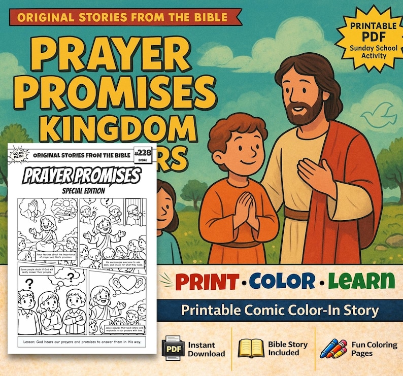 Prayer Promises / Kingdom Prayers Bible Comic Colouring Page: listing photo