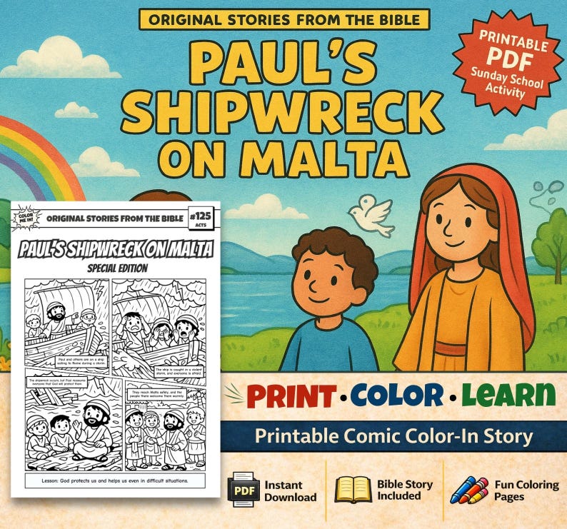 Paul’s Shipwreck on Malta Bible Comic Colouring Page: listing photo