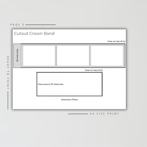 May include: A white, ready-to-print page with instructions for a cutout crown band. The page includes labeled sections for gluing and an extension piece. Text includes "Cutout Crown Band" and "A4 SIZE PRINT".