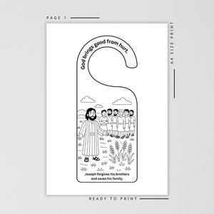 May include: Black and white door hanger with a biblical illustration. The text "God brings good from hurt" is at the top. The image depicts Joseph forgiving his brothers. The text "Joseph forgives his brothers and saves his family" is at the bottom.
