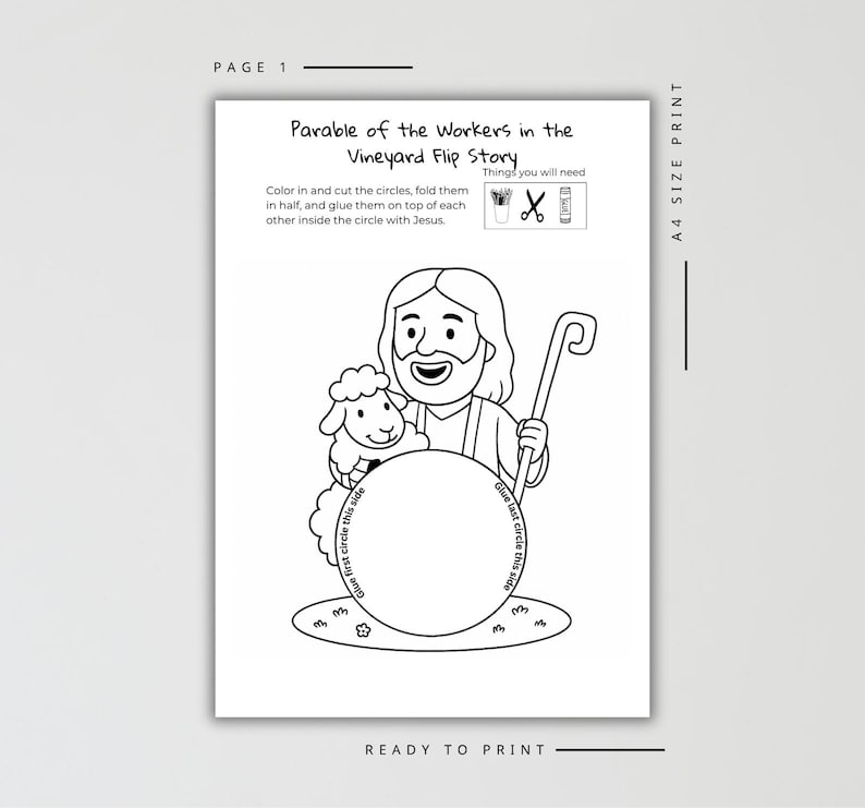 May include: Black and white printable activity sheet titled "Parable of the Workers in the Vineyard Flip Story." The illustration features a cartoon of Jesus with a sheep, a staff, and a large circle for coloring. Includes instructions and a list of needed supplies.