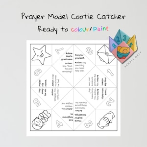 May include: A black and white prayer-themed cootie catcher, ready to color or paint. The design includes numbered sections with prompts like "Adore God's greatness" and "Pray for others." A sample origami fortune teller is in the upper right.