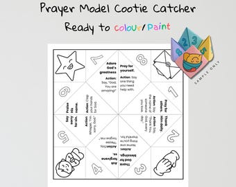 Prayer Model Color-In Cootie Catcher, Bible Craft for Kids, Sunday School & Christian School Activity