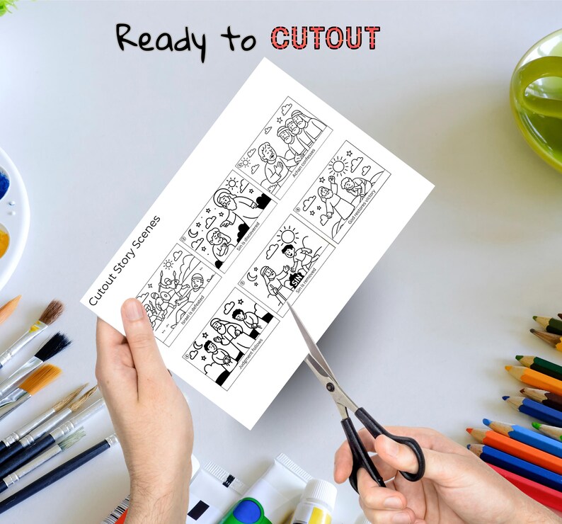 May include: A white sheet of paper with black and white illustrations of biblical scenes is being cut with scissors. The text "Ready to CUTOUT" is at the top, and "Cutout Story Scenes" is on the side.