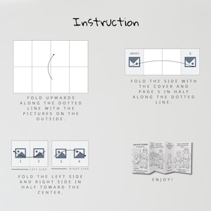 May include: A white instructional diagram with the word "Instruction" at the top. The diagram shows folding instructions for a booklet, including illustrations and text such as "Fold the side with the cover and page 5 in half along the dotted line."
