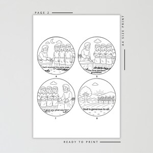 May include: Black and white line art print with four circular illustrations depicting a biblical story. Each circle contains figures and text. The text includes phrases like "Each received the same wage" and "God is generous to all."