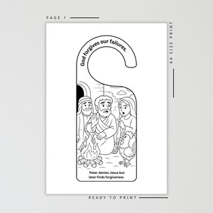 May include: Black and white door hanger with an illustration depicting a biblical scene. The text "God forgives our failures" is at the top, with "Peter denies Jesus but later finds forgiveness" at the bottom. The hanger is ready to print.