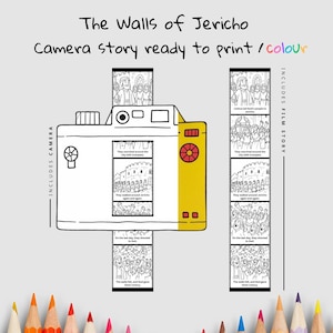 Puede incluir: Ilustraci&oacute;n en forma de c&aacute;mara con el texto "The Walls of Jericho" y "Camera story ready to print / colour." El dise&ntilde;o incluye una tira de pel&iacute;cula con im&aacute;genes secuenciales y las palabras "Includes Camera" e "Includes Film Story."