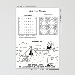 May include: Black and white printable activity sheet with the text "God Calls Abram." Includes a word search, maze, and an illustration of a biblical scene with a tent and figure. The text "Ready to Print" is at the bottom.