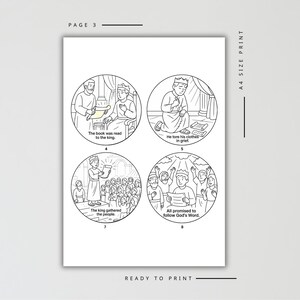 May include: A black and white coloring page labeled Page 3 and A4 Size Print featuring four circular illustrations depicting biblical scenes with text captions: The book was read to the king, He tore his clothes in grief, The king gathered the people, and All promised to follow God's Word.