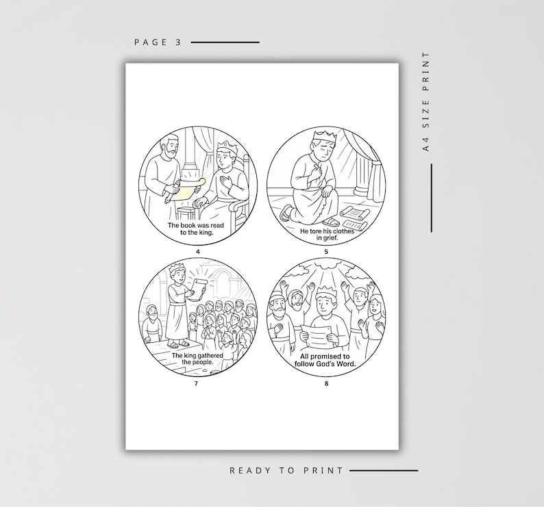 May include: A black and white coloring page labeled Page 3 and A4 Size Print featuring four circular illustrations depicting biblical scenes with text captions: The book was read to the king, He tore his clothes in grief, The king gathered the people, and All promised to follow God's Word.